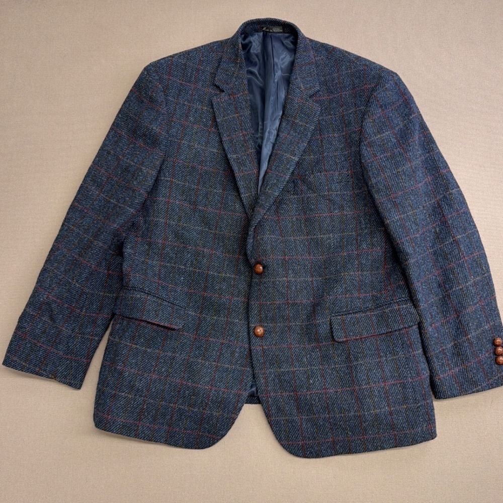 Harris Tweed Mens Blue Windowpane Plaid Wool Blazer Jacket 46R Sport Coat